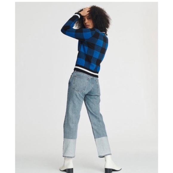 NWT rag and bone varsity V neck Blue and Black Checkered plaid women’s Sweater - Picture 3 of 7